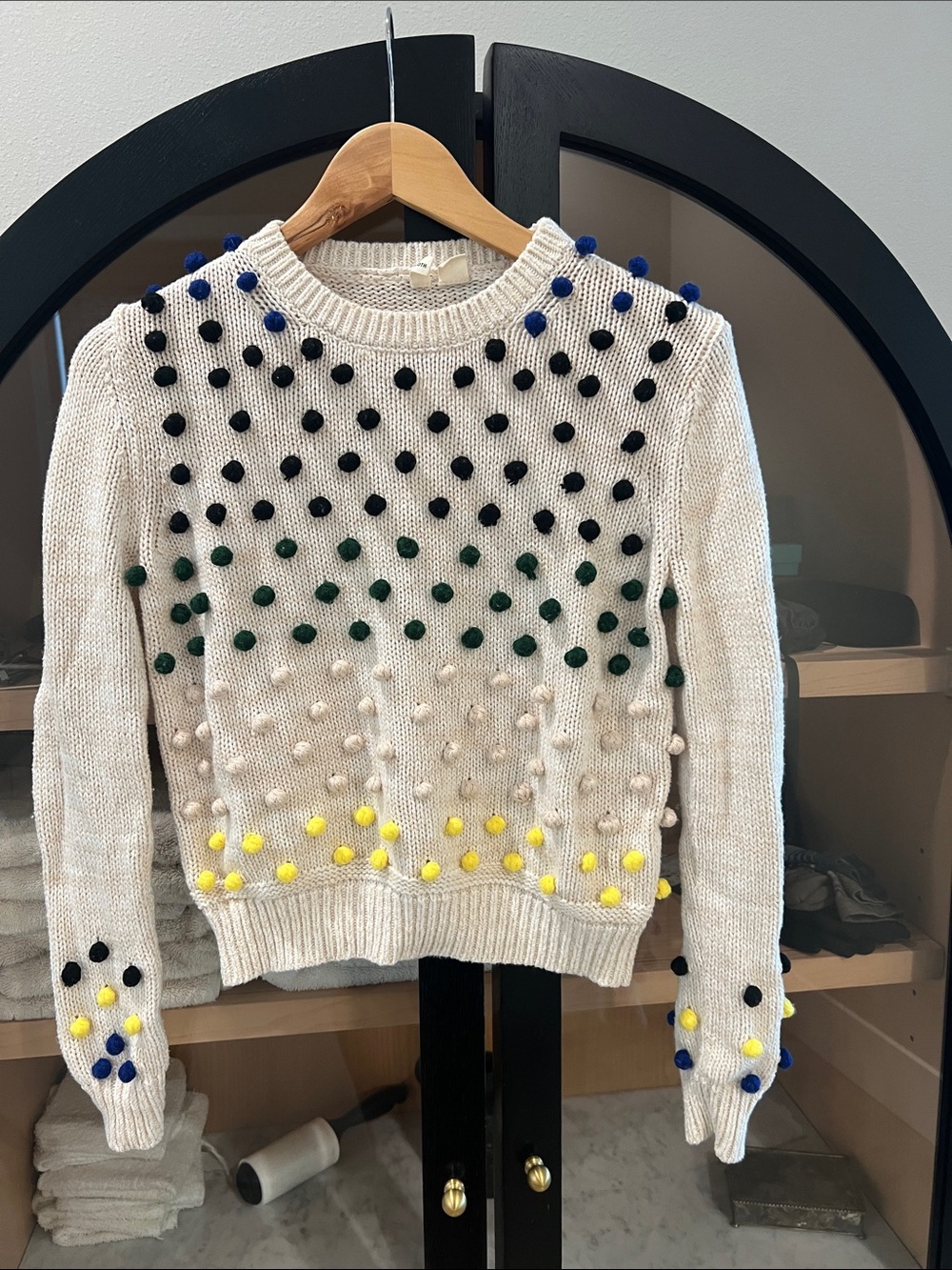 Moth Cream Crewneck Sweater with Black, Green, Blue & Yellow Pom-Poms